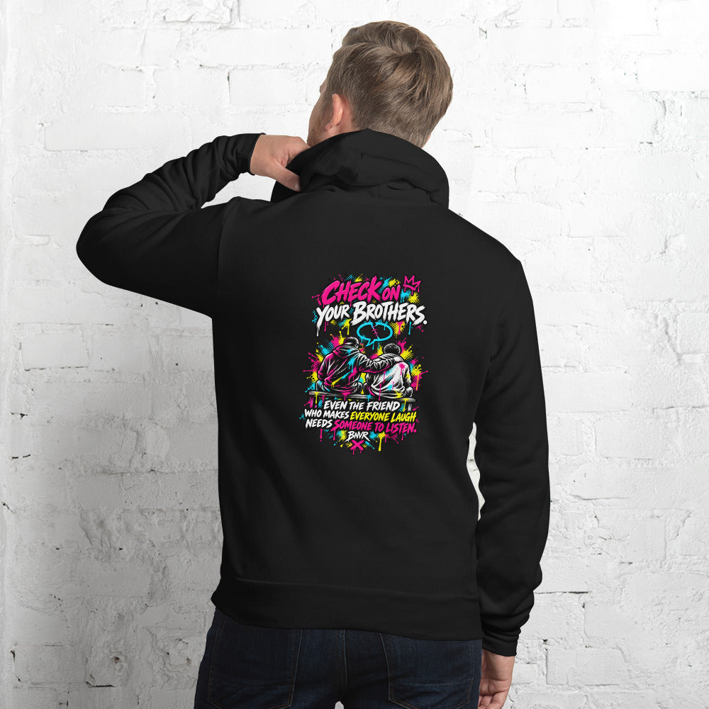 Black BNVR Check on Your Bros Hoodie, back view (alternate mockup)