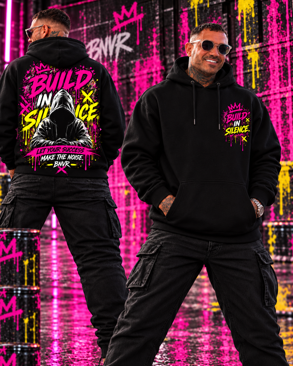 BNVR Build in Silence black hoodie — front and back streetwear showcase