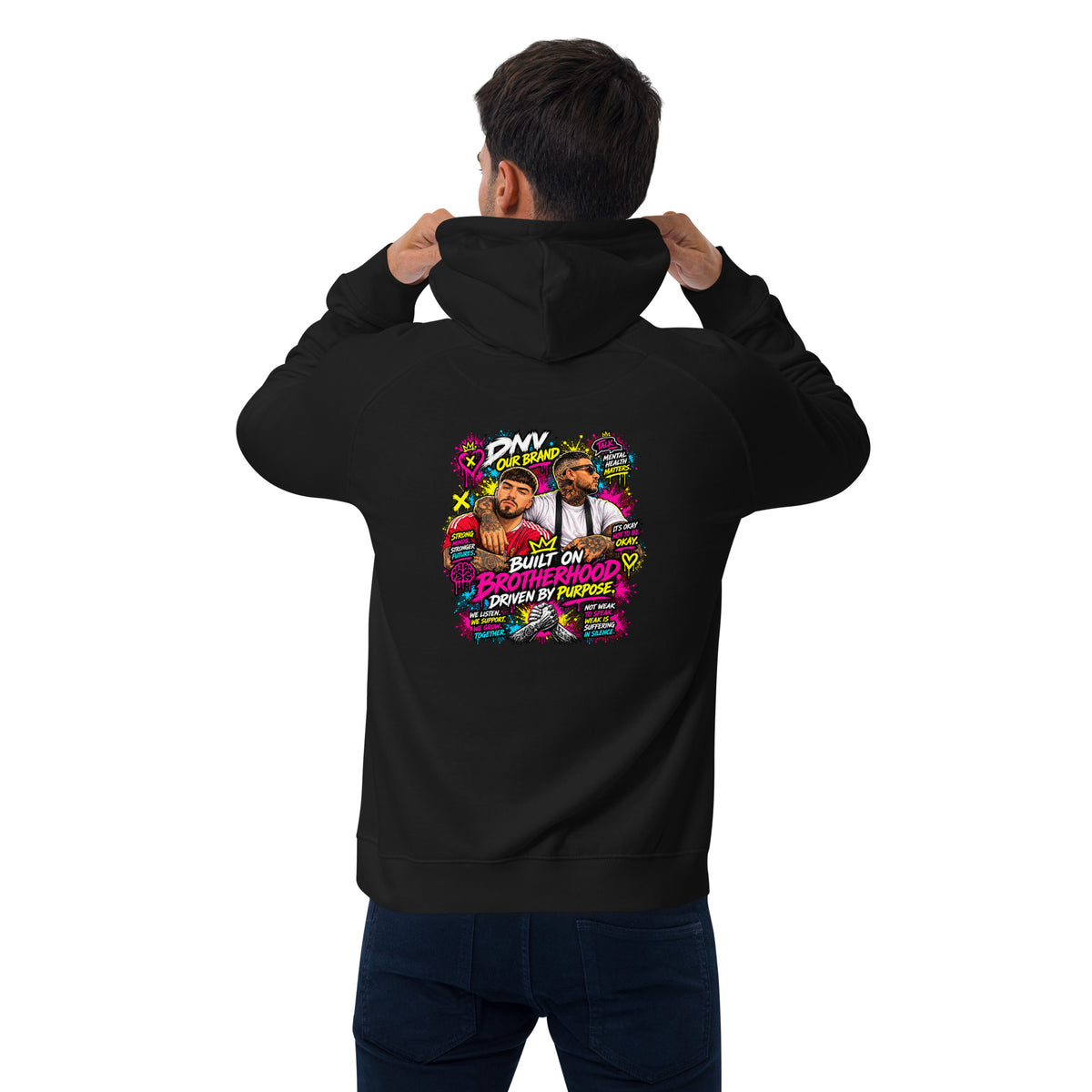 Black BNVR Brotherhood Hoodie, back view (alternate mockup)