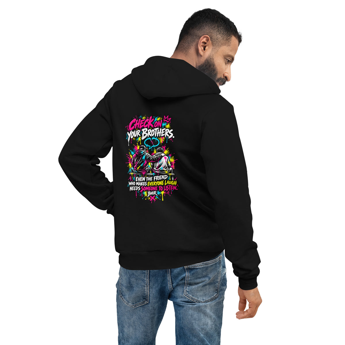 Black BNVR Check on Your Bros Hoodie, back view (alternate mockup)