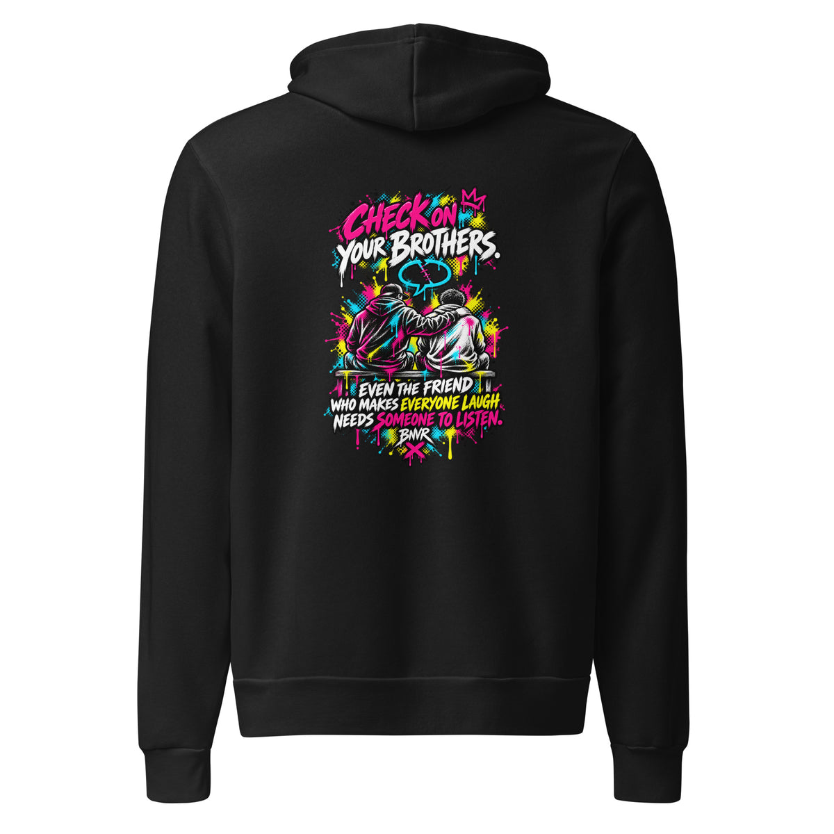 Black BNVR Check on Your Bros Hoodie, back view