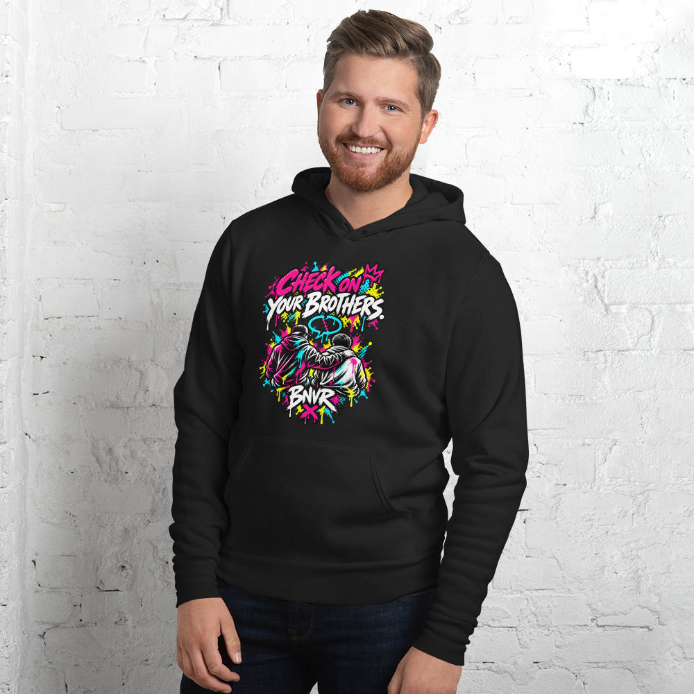 Black BNVR Check on Your Bros Hoodie, front view (alternate mockup)