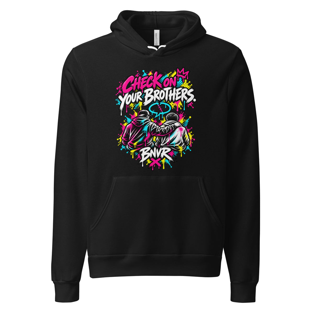 Black BNVR Check on Your Bros Hoodie, front view